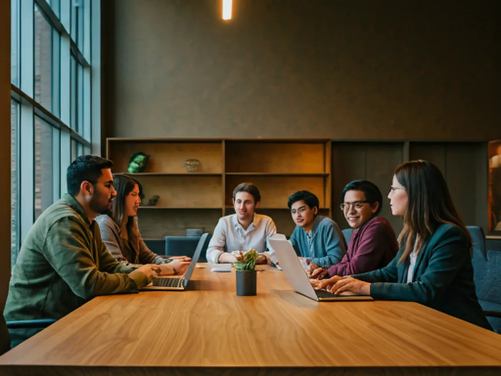 Students and educators collaborating around a table in a campus library